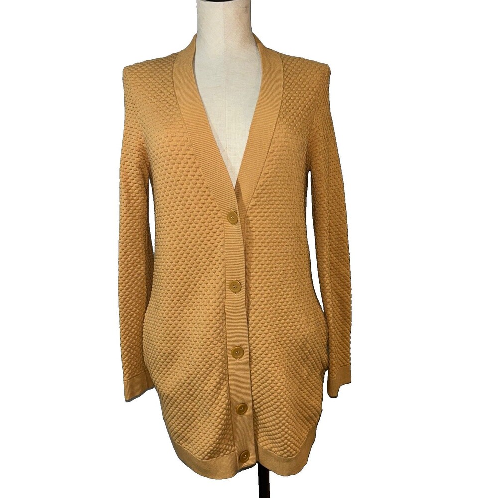 COS Women’s Textured Cotton V-Neck Cardigan Sweater size XS Mustard Tan Elegant